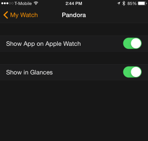 Pandora: Show app on Apple Watch, show in Glances