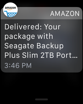 Amazon: "Delivered: your package with Seagate Backup Plus Slim 2TB Port... 3:46 pm"