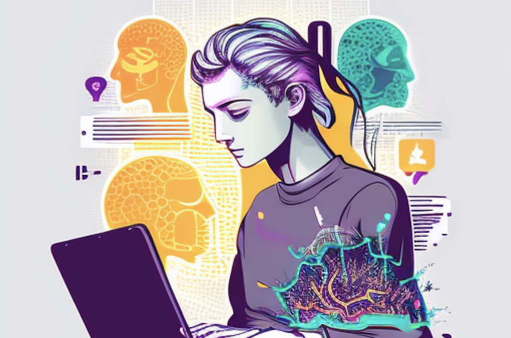 nonbinary person typing on laptop with symbols of AI in the background (digital art style)