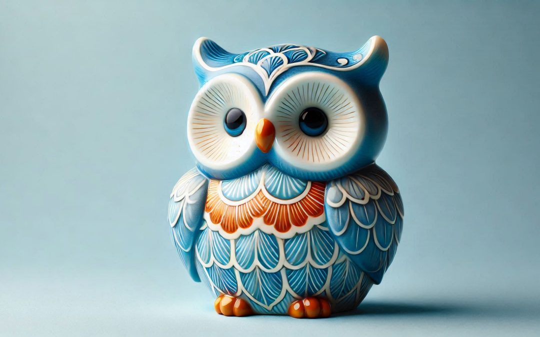 Porcelain owl figurine on light blue background