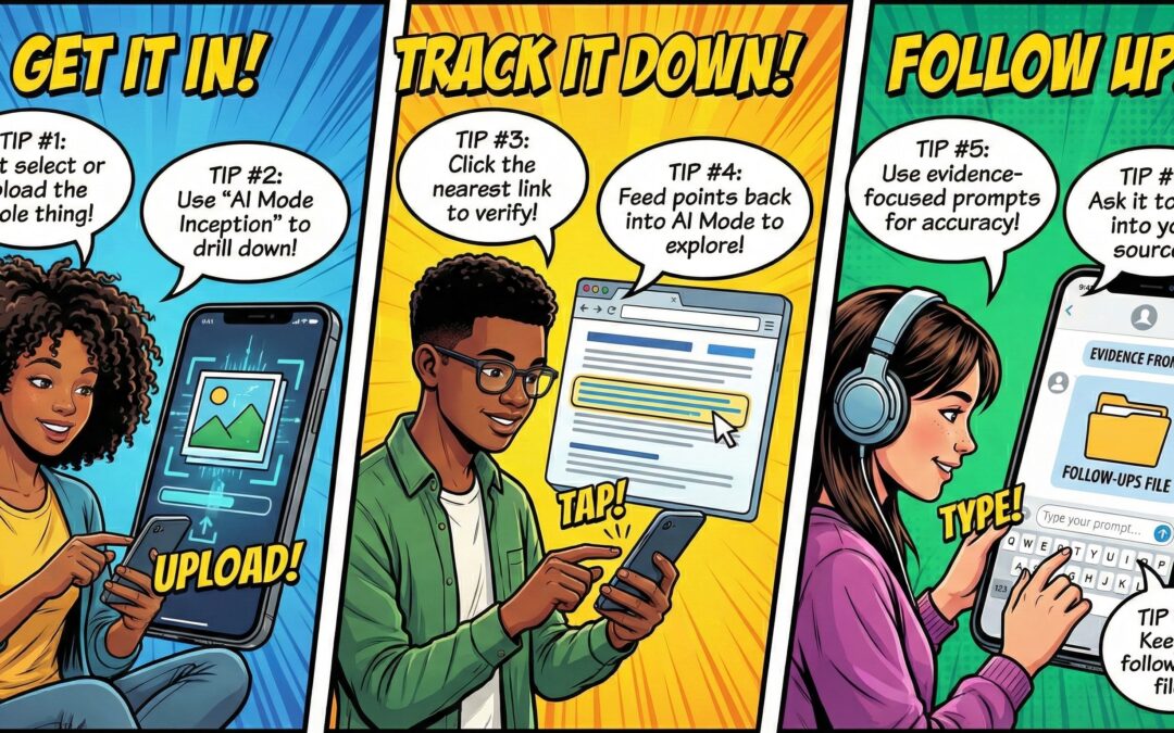 Nano Banana comics for Caulfield’s “Three moves, seven tips”