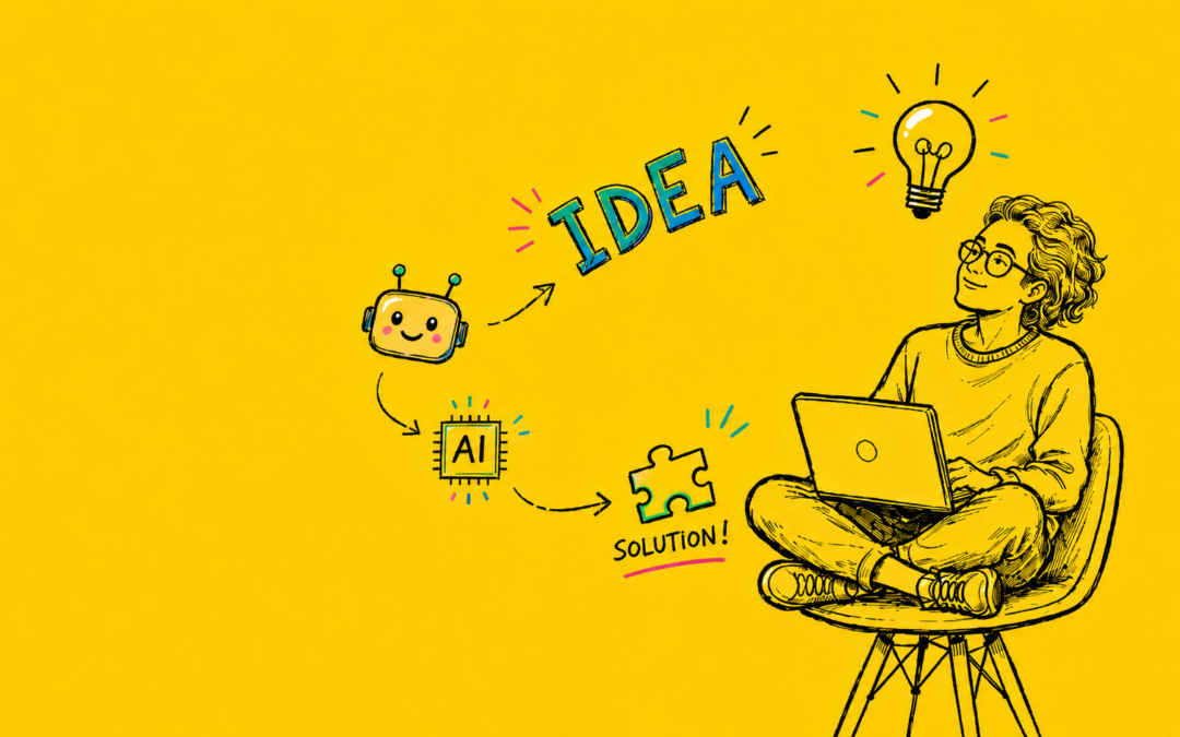 On a bright yellow background, a smiling robot points toward ‘IDEA.’ Arrows lead from the robot to an AI chip and a puzzle piece labeled ‘SOLUTION!’ A person works on a laptop beneath a lightbulb.